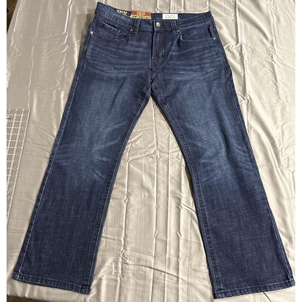 Axel Men's Slim Bootcut Jeans Sz 36x32 Dark Slim Boot Heavy Stitch Stretch New